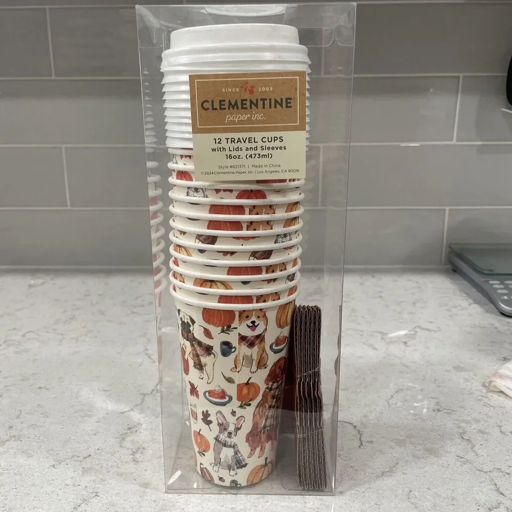 FALL DOGS Set of 12 Travel 16oz Disposable Cups Lids Sleeves Football Pumpkins